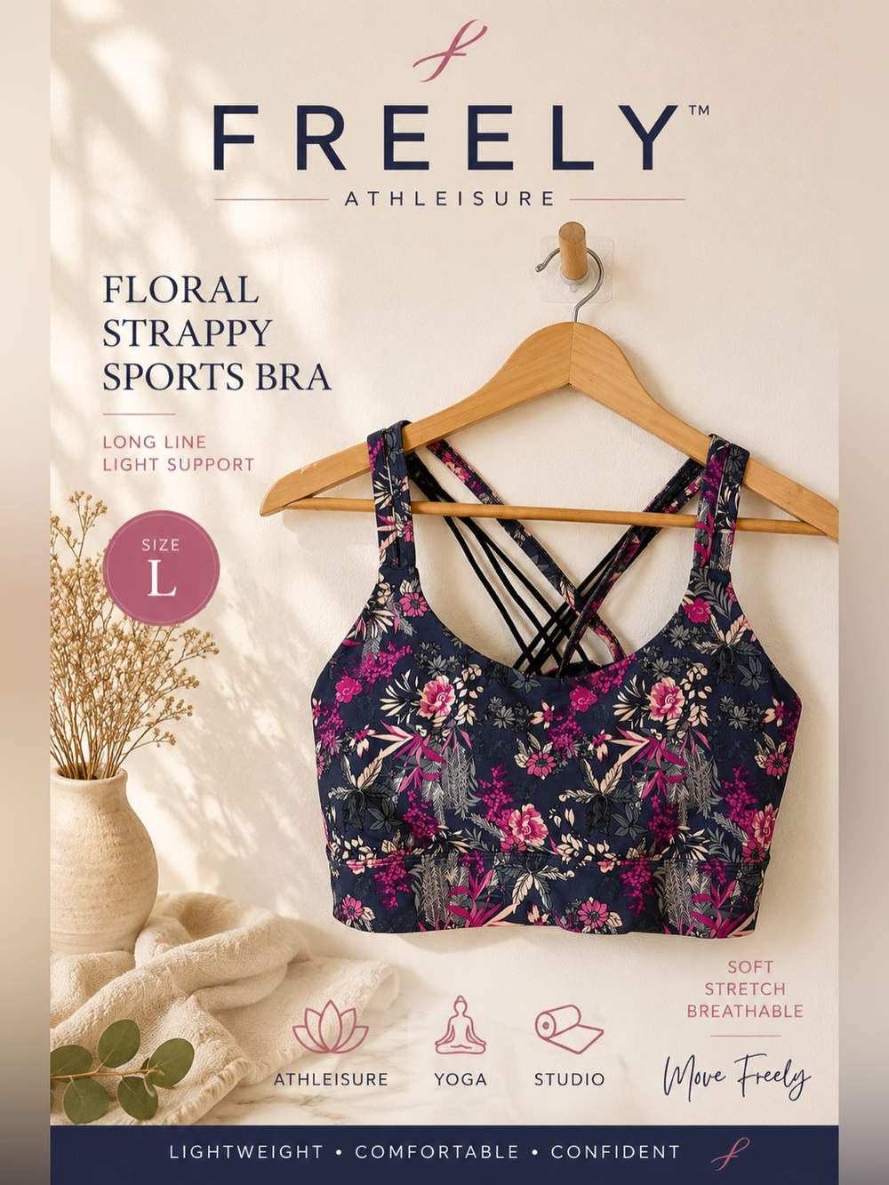 Freely Floral Strappy Longline Sports Bra Navy Pink Floral Size L